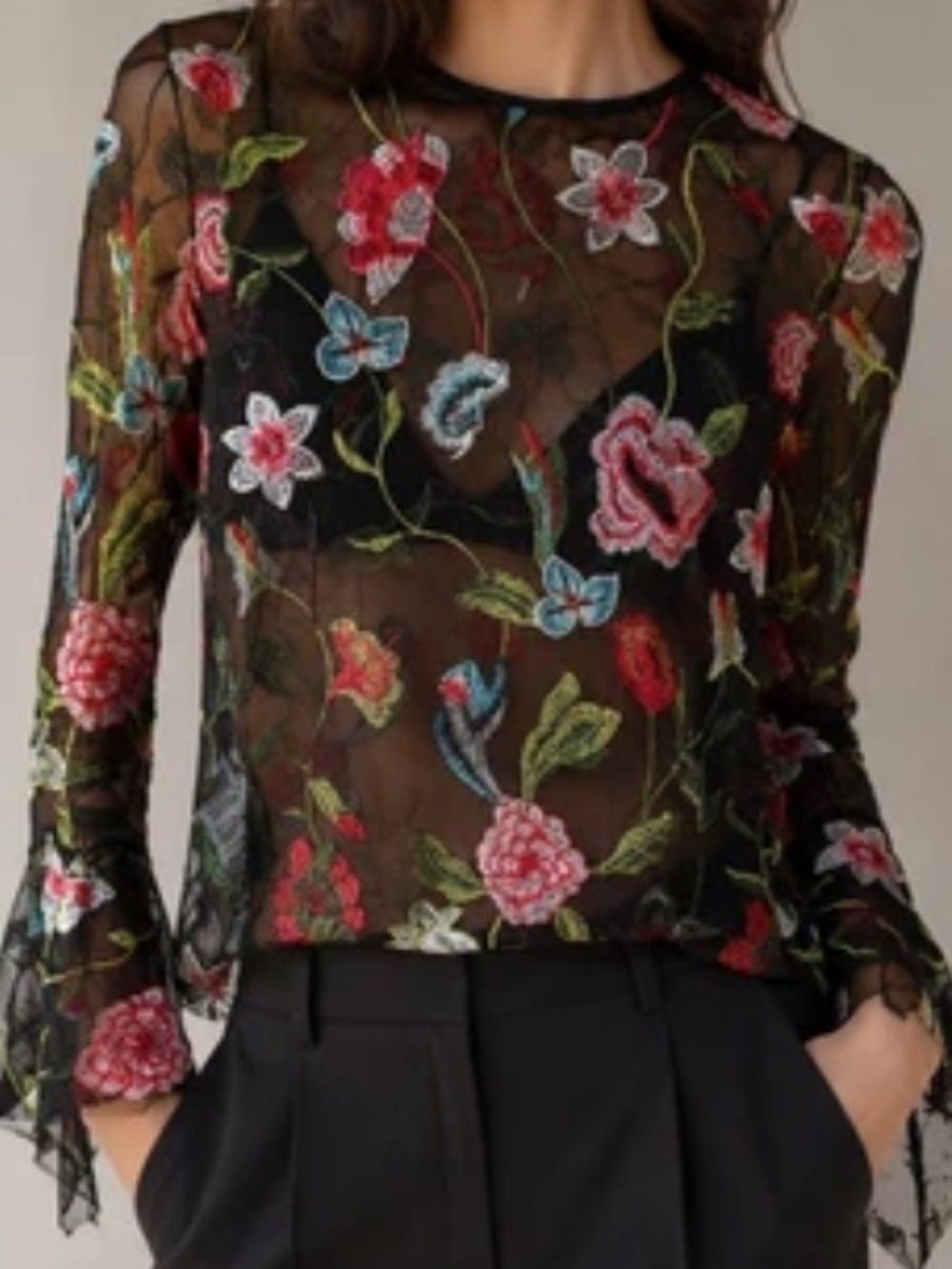 Sheer Black Floral Embroidered Long-Sleeve Blouse